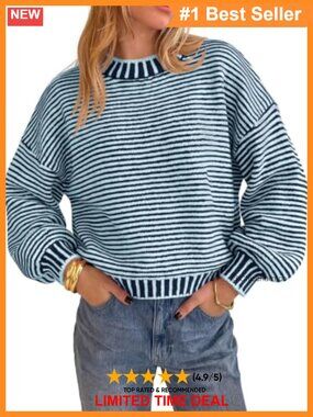Oversized Striped Chunky Knit Sweater Crew Neck Lantern Sleeve Pullover